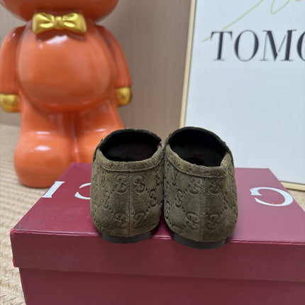 GUCCI 26S LOAFERS IN OLIVE GREEN GG EMBOSSED SUEDE