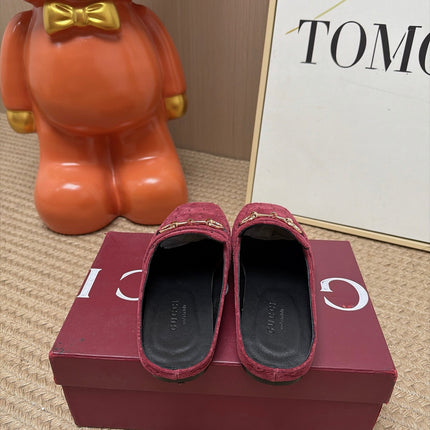 GUCCI 26S FLAT MULES IN DARK RED GG EMBOSSED SUEDE
