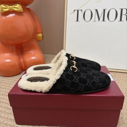 GUCCI 26S SHEARLING-LINED MULES IN BLACK SUEDE