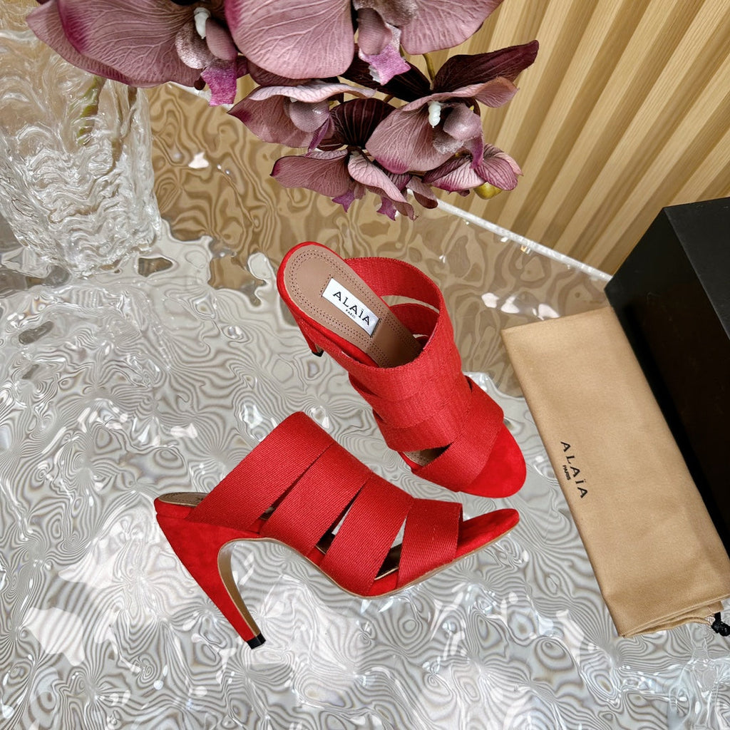 ALAIA ELASTIC CAGE MULE SANDALS IN CHERRY RED WOVEN STRAP AND LAMBSKIN