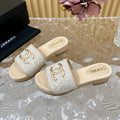 PLATFORM SLIPPERS IN LIGHT GREY TWEED AND LAMBSKIN