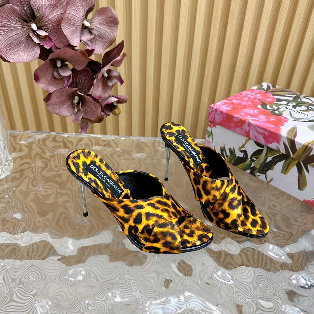 DG 100MM IN YELLOW FOOTWEAR – LEOPARD PRINT SATIN MULES