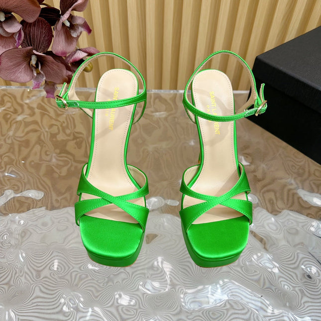 DEBBIE PLATFORM SANDALS IN GREEN SILK