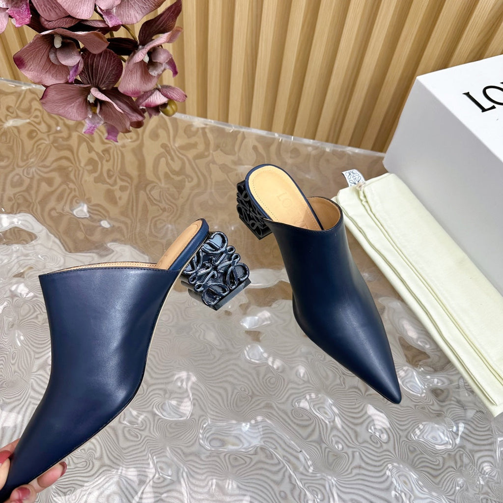 LOEWE 26S POINTED MULE PUMPS 45MM IN BLUE BLACK CALFSKIN WITH ANAGRAM HEEL
