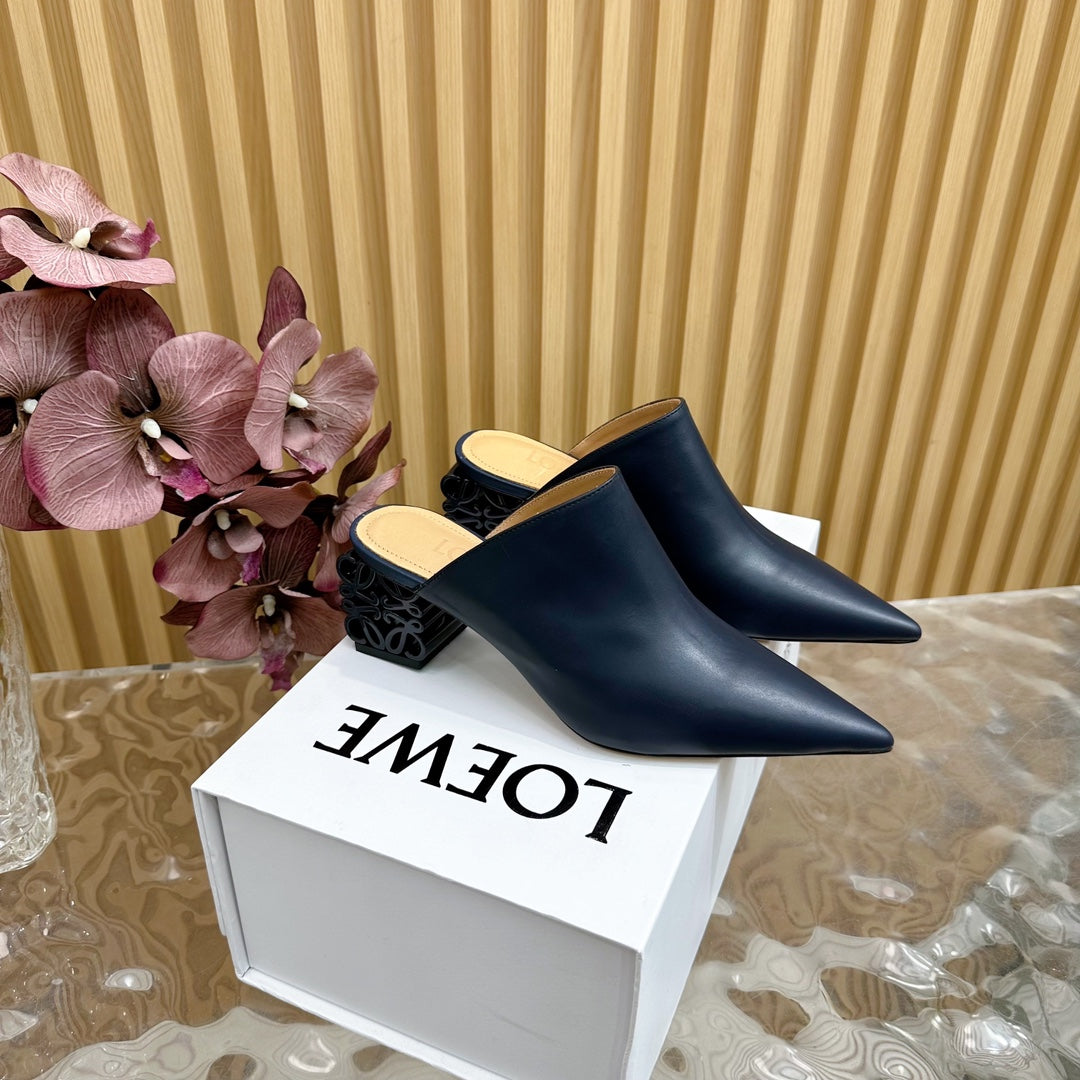 LOEWE 26S POINTED MULE PUMPS 45MM IN BLUE BLACK CALFSKIN WITH ANAGRAM HEEL