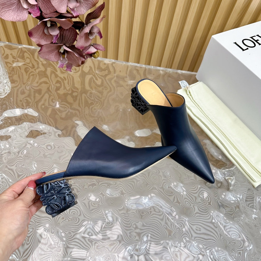 LOEWE 26S POINTED MULE PUMPS 45MM IN BLUE BLACK CALFSKIN WITH ANAGRAM HEEL