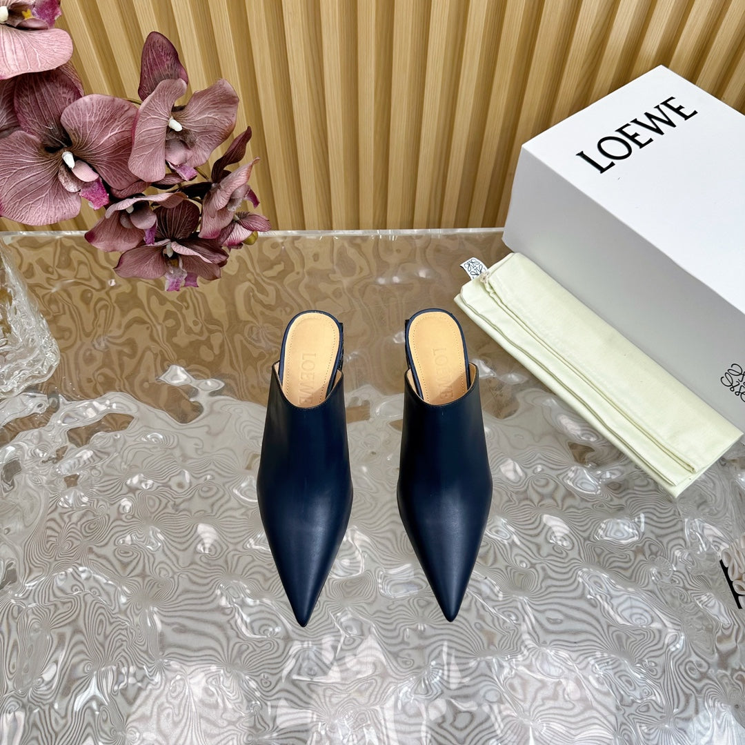 LOEWE 26S POINTED MULE PUMPS 45MM IN BLUE BLACK CALFSKIN WITH ANAGRAM HEEL