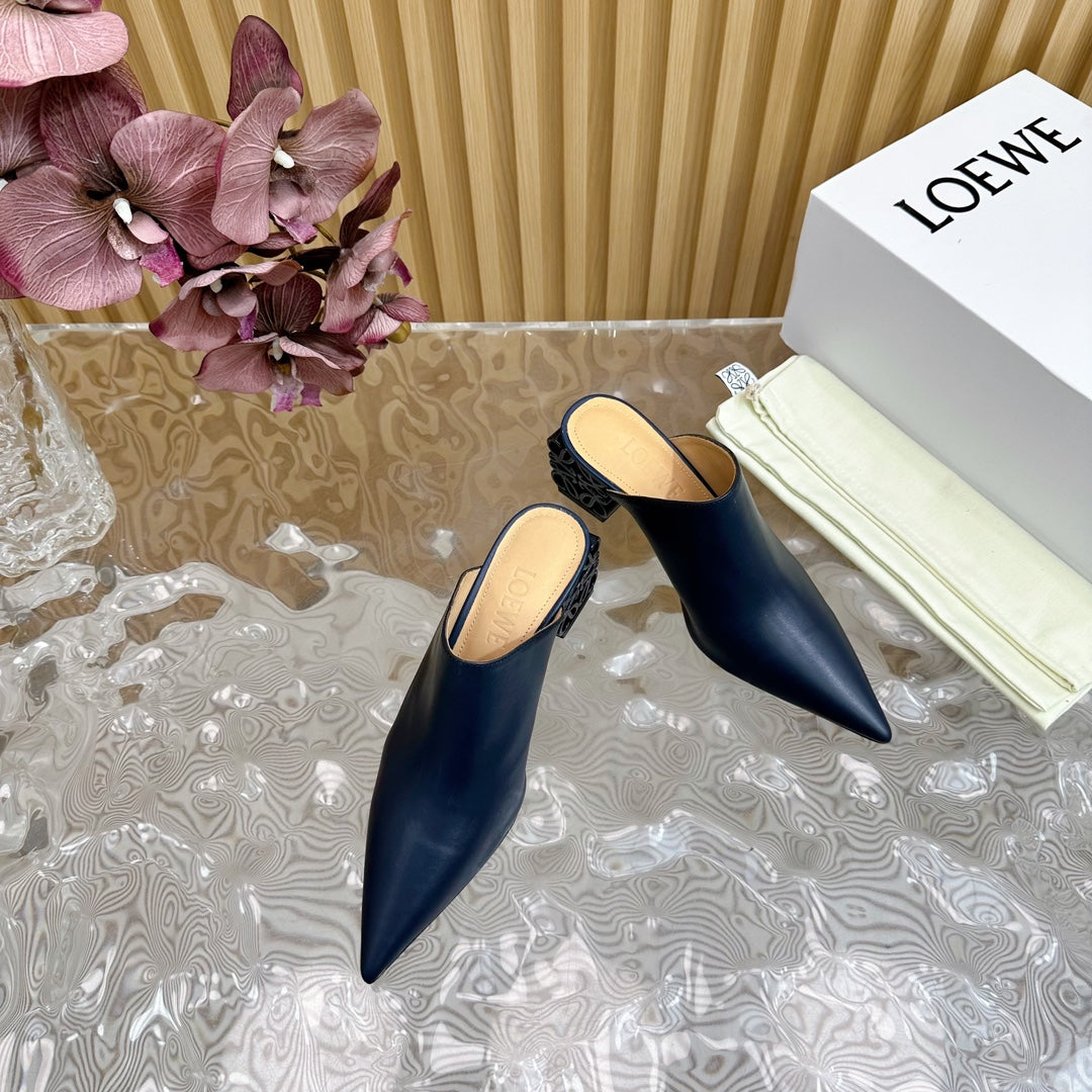 LOEWE 26S POINTED MULE PUMPS 45MM IN BLUE BLACK CALFSKIN WITH ANAGRAM HEEL