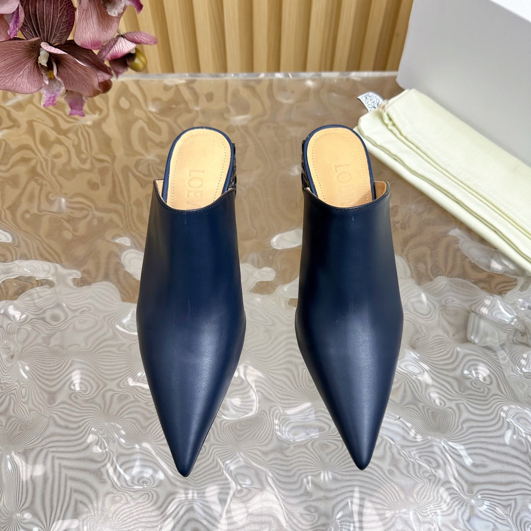 LOEWE 26S POINTED MULE PUMPS 45MM IN BLUE BLACK CALFSKIN WITH ANAGRAM HEEL