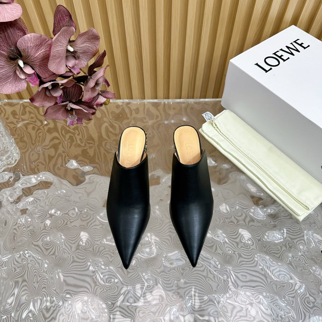 LOEWE 26S POINTED MULE PUMPS 45MM IN BLACK CALFSKIN WITH ANAGRAM HEEL