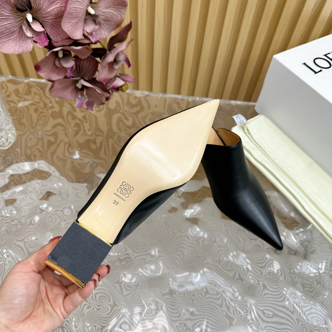 LOEWE 26S POINTED MULE PUMPS 45MM IN BLACK CALFSKIN WITH ANAGRAM HEEL