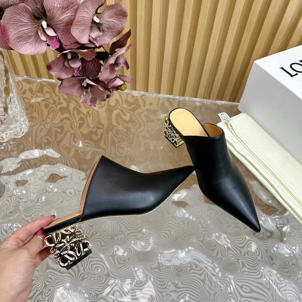LOEWE 26S POINTED MULE PUMPS 45MM IN BLACK CALFSKIN WITH ANAGRAM HEEL