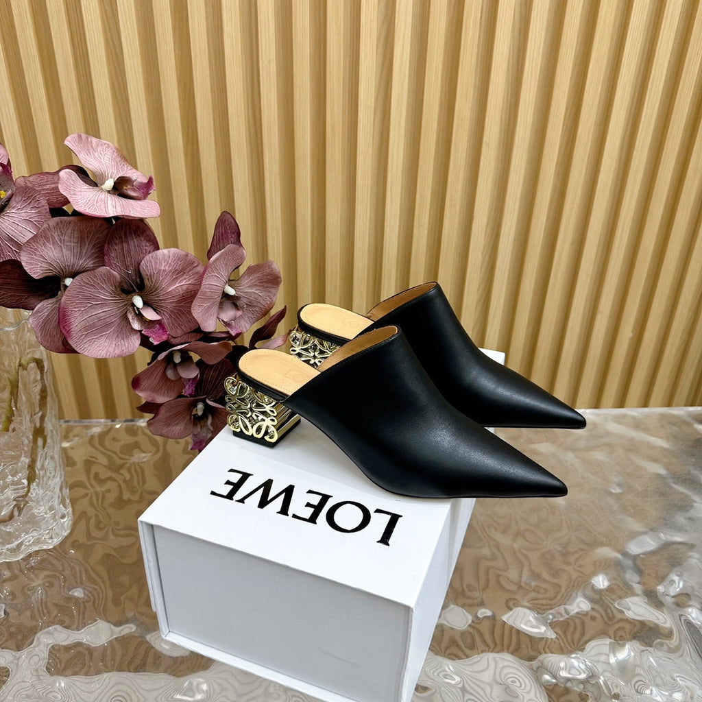 LOEWE 26S POINTED MULE PUMPS 45MM IN BLACK CALFSKIN WITH ANAGRAM HEEL