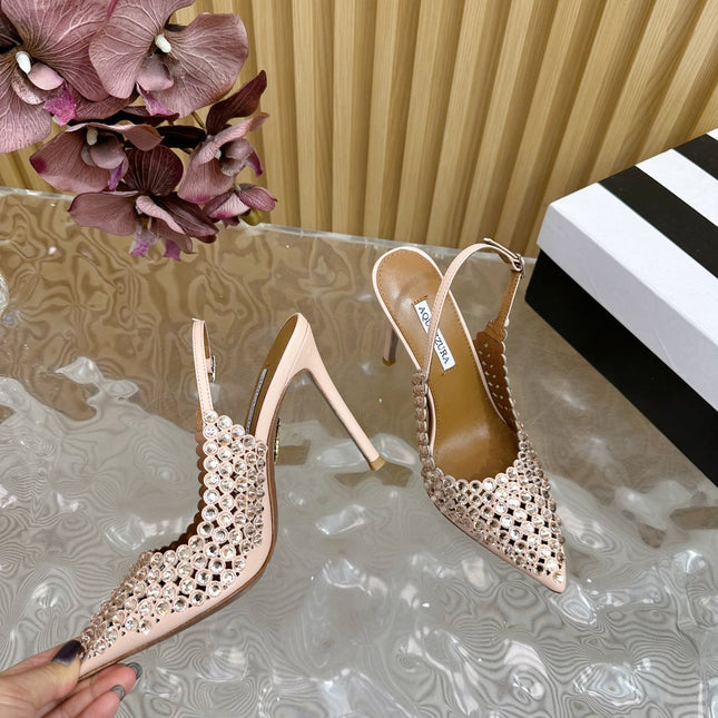 AQUAZZURA 26S SLINGBACK PUMPS 105 MM IN BEIGE CALFSKIN WITH CRYSTAL