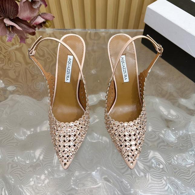 AQUAZZURA 26S SLINGBACK PUMPS 105 MM IN BEIGE CALFSKIN WITH CRYSTAL