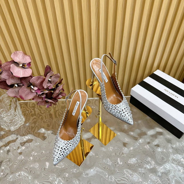 AQUAZZURA 26S SLINGBACK PUMPS 85 MM IN SILVER CALFSKIN WITH CRYSTAL