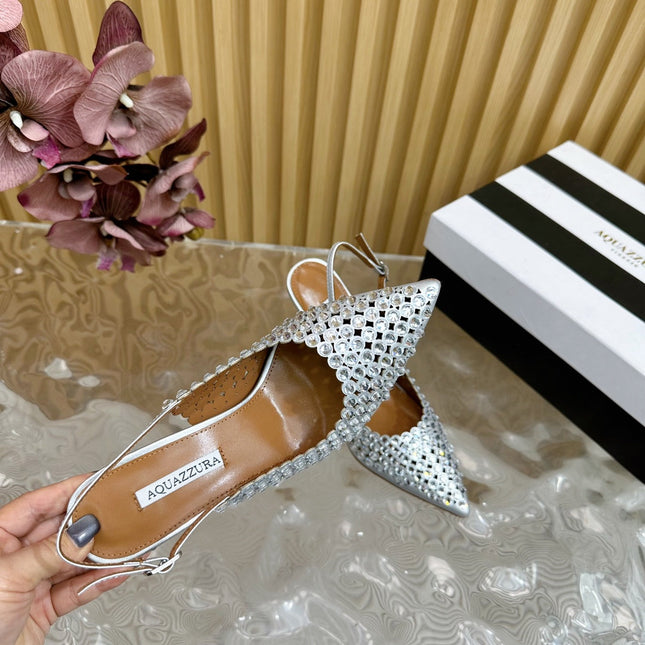 AQUAZZURA 26S SLINGBACK PUMPS 85 MM IN SILVER CALFSKIN WITH CRYSTAL