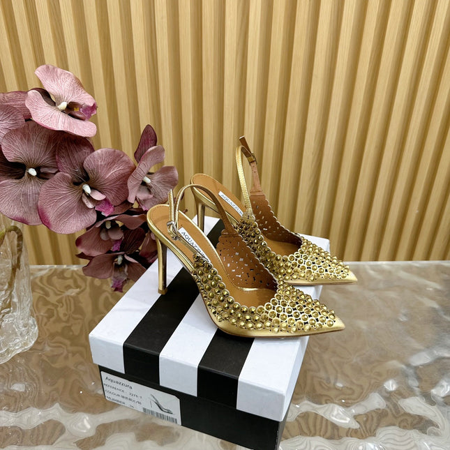 AQUAZZURA 26S SLINGBACK PUMPS 85 MM IN GOLD CALFSKIN WITH CRYSTAL