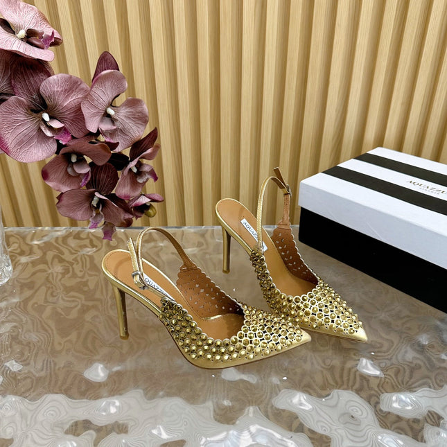 AQUAZZURA 26S SLINGBACK PUMPS 105 MM IN GOLD CALFSKIN WITH CRYSTAL