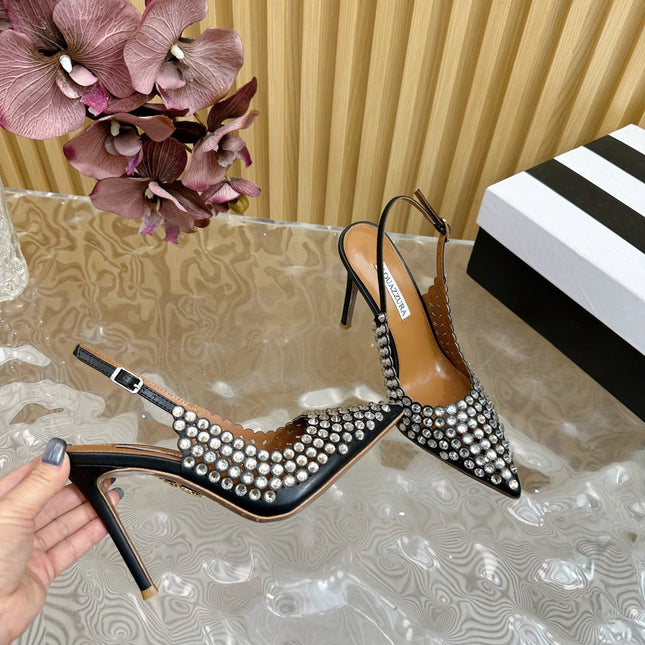 AQUAZZURA 26S SLINGBACK PUMPS 85 MM IN BLACK CALFSKIN WITH CRYSTAL