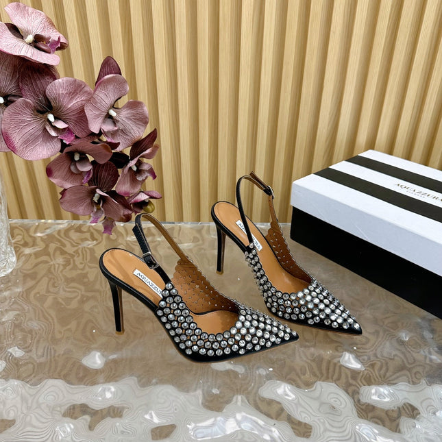 AQUAZZURA 26S SLINGBACK PUMPS 85 MM IN BLACK CALFSKIN WITH CRYSTAL