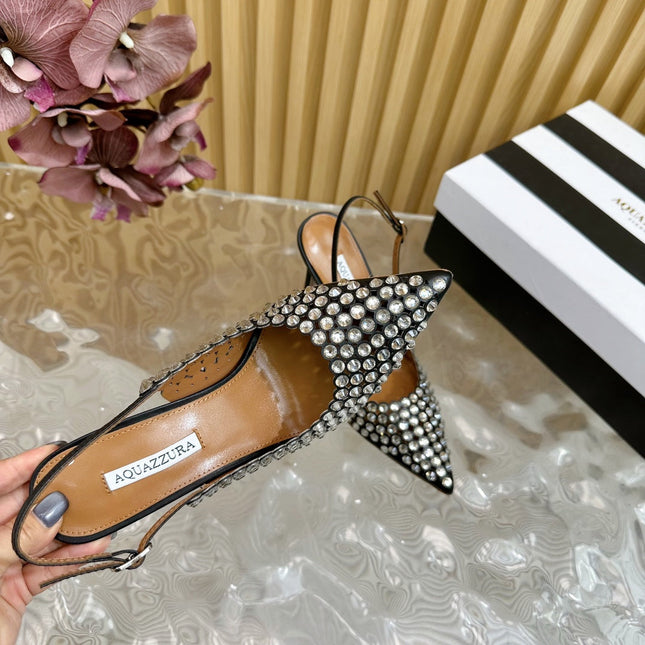 AQUAZZURA 26S SLINGBACK PUMPS 85 MM IN BLACK CALFSKIN WITH CRYSTAL
