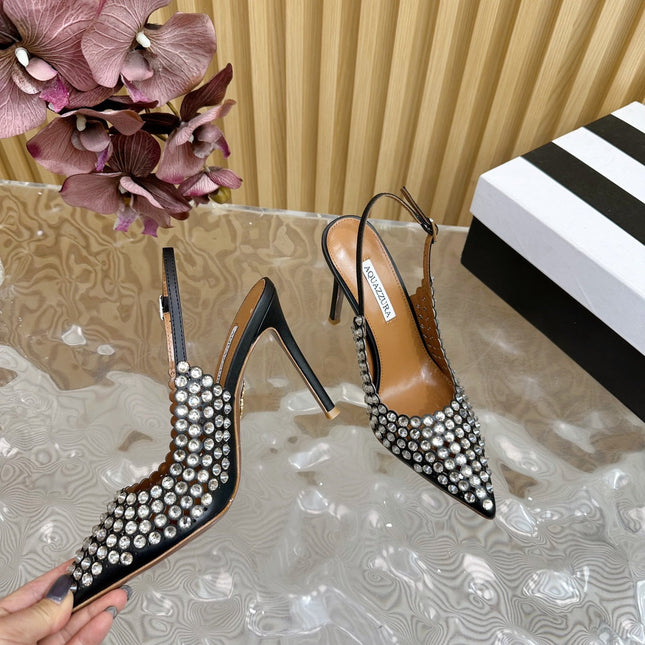AQUAZZURA 26S SLINGBACK PUMPS 85 MM IN BLACK CALFSKIN WITH CRYSTAL