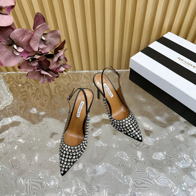 AQUAZZURA 26S SLINGBACK PUMPS 85 MM IN BLACK CALFSKIN WITH CRYSTAL