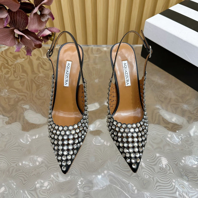 AQUAZZURA 26S SLINGBACK PUMPS 105 MM IN BLACK CALFSKIN WITH CRYSTAL