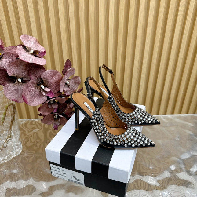 AQUAZZURA 26S SLINGBACK PUMPS 85 MM IN BLACK CALFSKIN WITH CRYSTAL