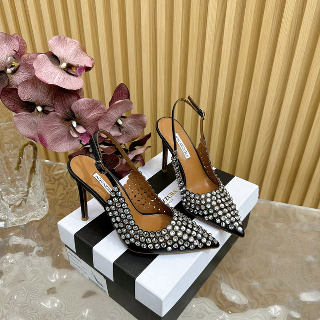 AQUAZZURA 26S SLINGBACK PUMPS 85 MM IN BLACK CALFSKIN WITH CRYSTAL