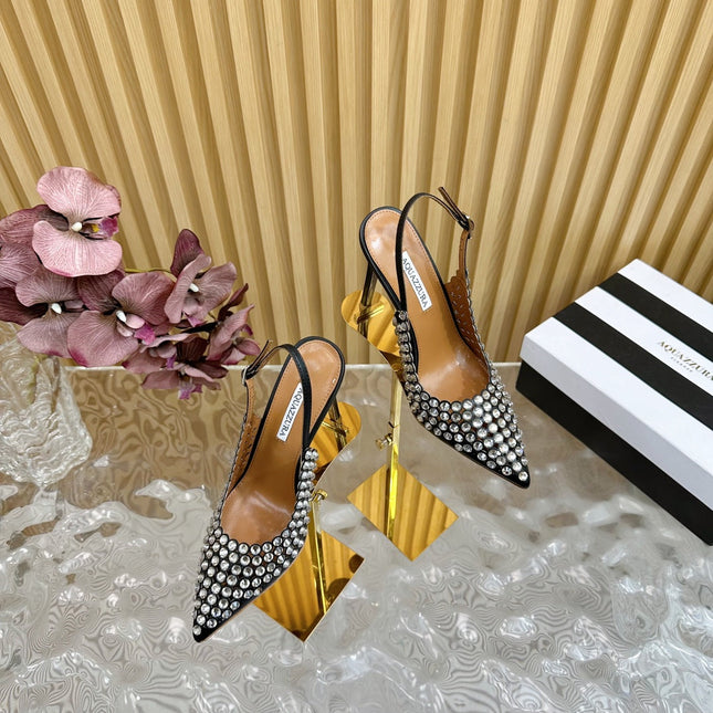 AQUAZZURA 26S SLINGBACK PUMPS 85 MM IN BLACK CALFSKIN WITH CRYSTAL