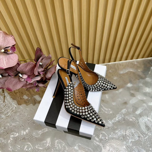 AQUAZZURA 26S SLINGBACK PUMPS 85 MM IN BLACK CALFSKIN WITH CRYSTAL