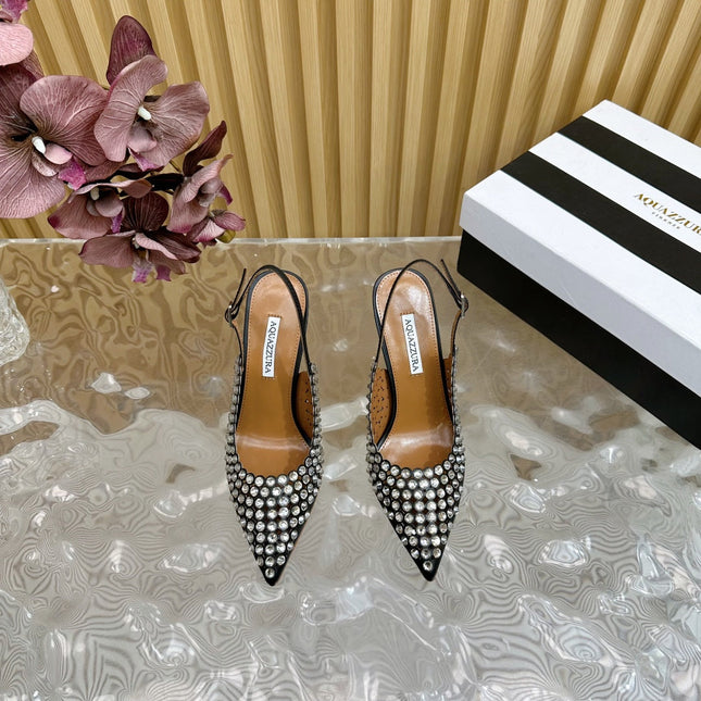 AQUAZZURA 26S SLINGBACK PUMPS 85 MM IN BLACK CALFSKIN WITH CRYSTAL