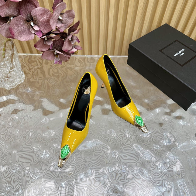 GREEN GEM-STUDDED HIGH PUMPS IN YELLOW PATENT CALFSKIN