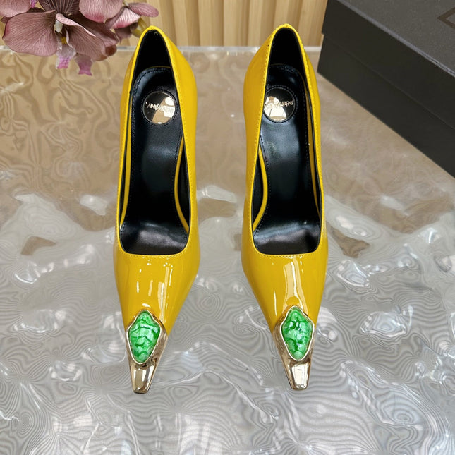 GREEN GEM-STUDDED HIGH PUMPS IN YELLOW PATENT CALFSKIN