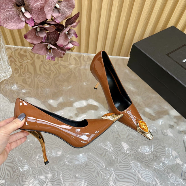 ORANGE GEM-STUDDED HIGH PUMPS IN BRONZE BROWN PATENT CALFSKIN