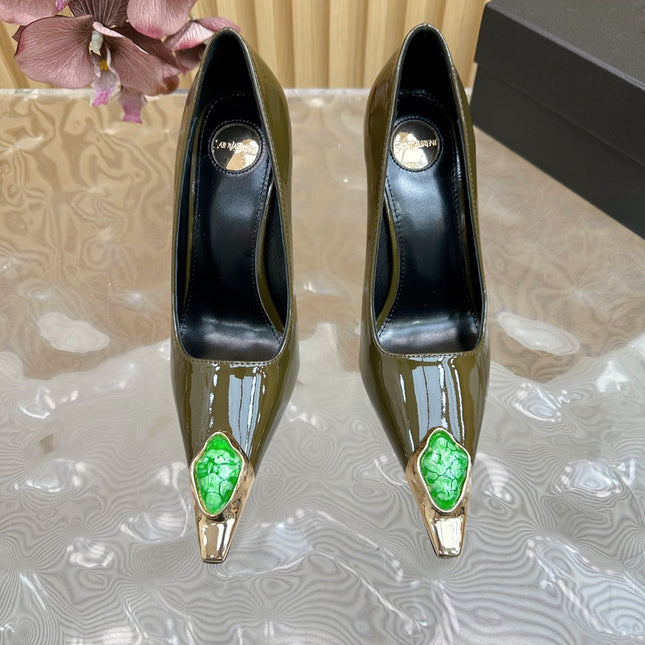 GREEN GEM-STUDDED HIGH PUMPS IN ARMY GREEN PATENT CALFSKIN