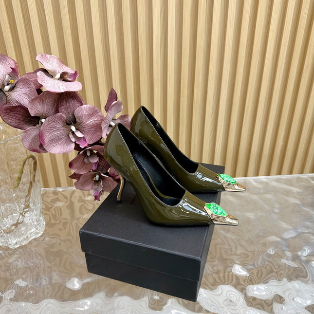 GREEN GEM-STUDDED HIGH PUMPS IN ARMY GREEN PATENT CALFSKIN