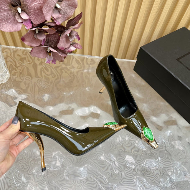 GREEN GEM-STUDDED HIGH PUMPS IN ARMY GREEN PATENT CALFSKIN