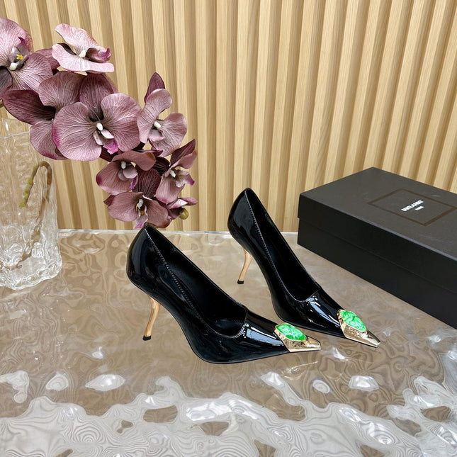 GREEN GEM-STUDDED HIGH PUMPS IN BLACK PATENT CALFSKIN
