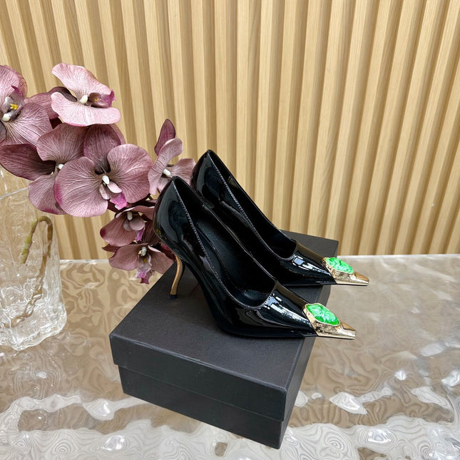 GREEN GEM-STUDDED HIGH PUMPS IN BLACK PATENT CALFSKIN