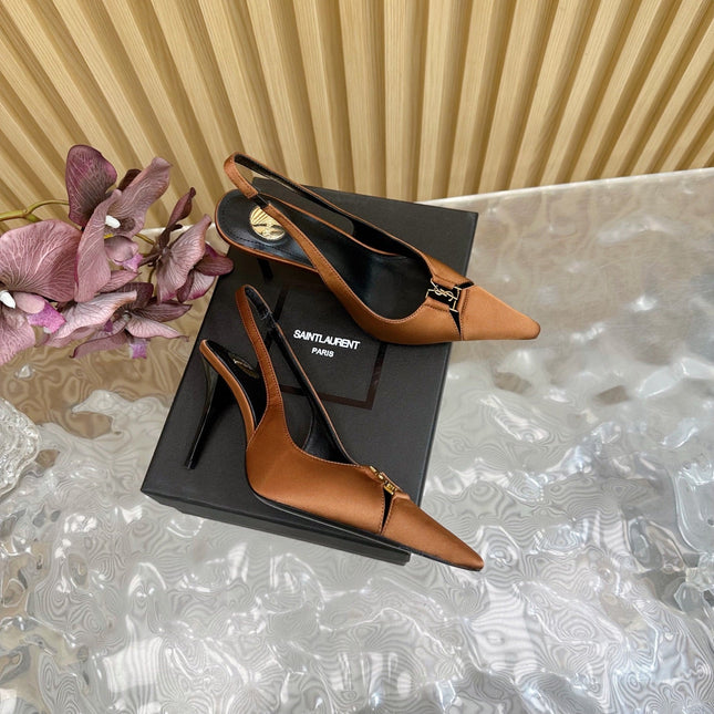 BABYLONE SLINGBACK PUMPS IN RUSTIC ORANGE SILK GOLD LOGO