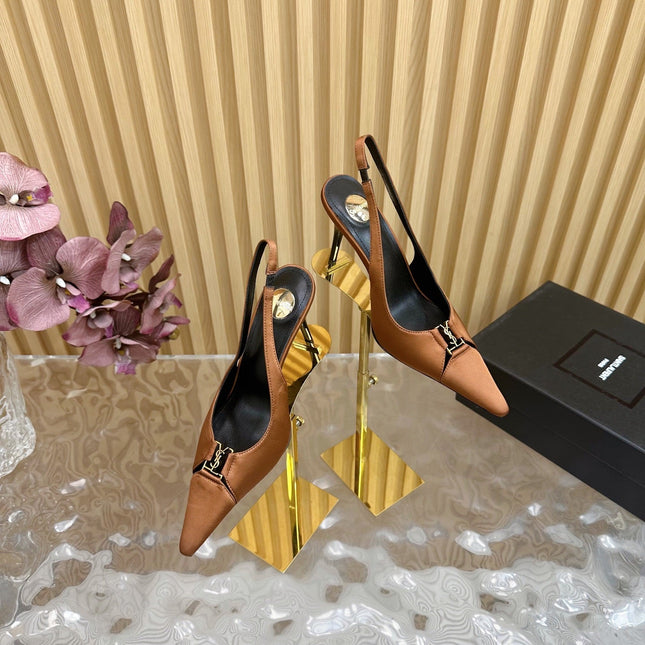 BABYLONE SLINGBACK PUMPS IN RUSTIC ORANGE SILK GOLD LOGO