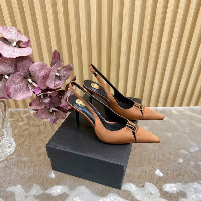 BABYLONE SLINGBACK PUMPS IN RUSTIC ORANGE SILK GOLD LOGO