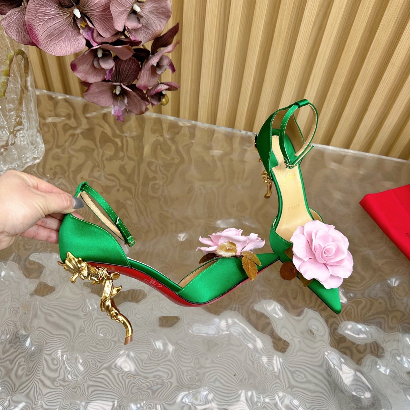 PINK BELLAROSE STRAP PUMPS 110MM IN GREEN CREPE SATIN