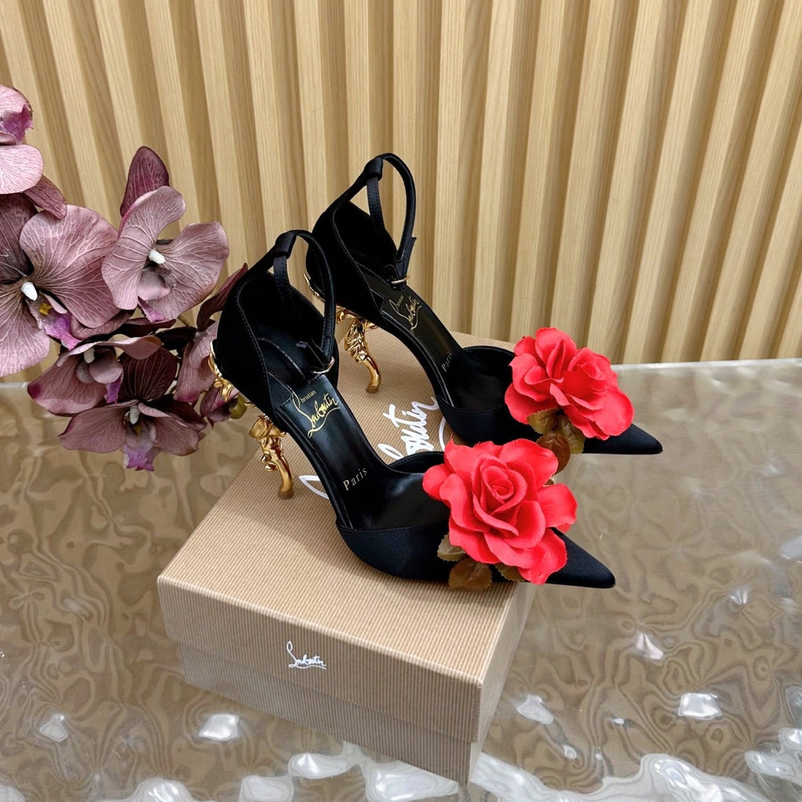 RED BELLAROSE STRAP PUMPS 110MM IN BLACK CREPE SATIN