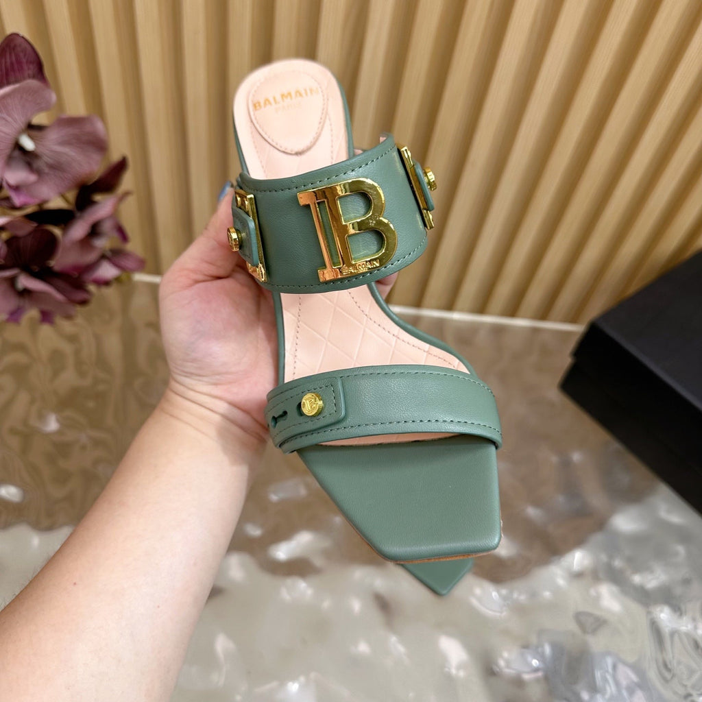 BALMAIN 25S MULES IN STRIPED LEATHER 95MM IN DUSTY GREEN CALFSKIN GOLD HARDWARE