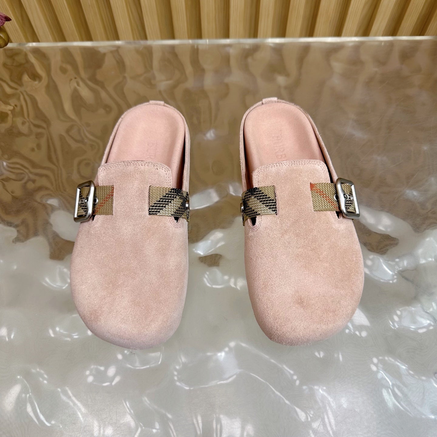 BURBERRY 26S BUCKLE MULES IN LIGHT PINK SUEDE