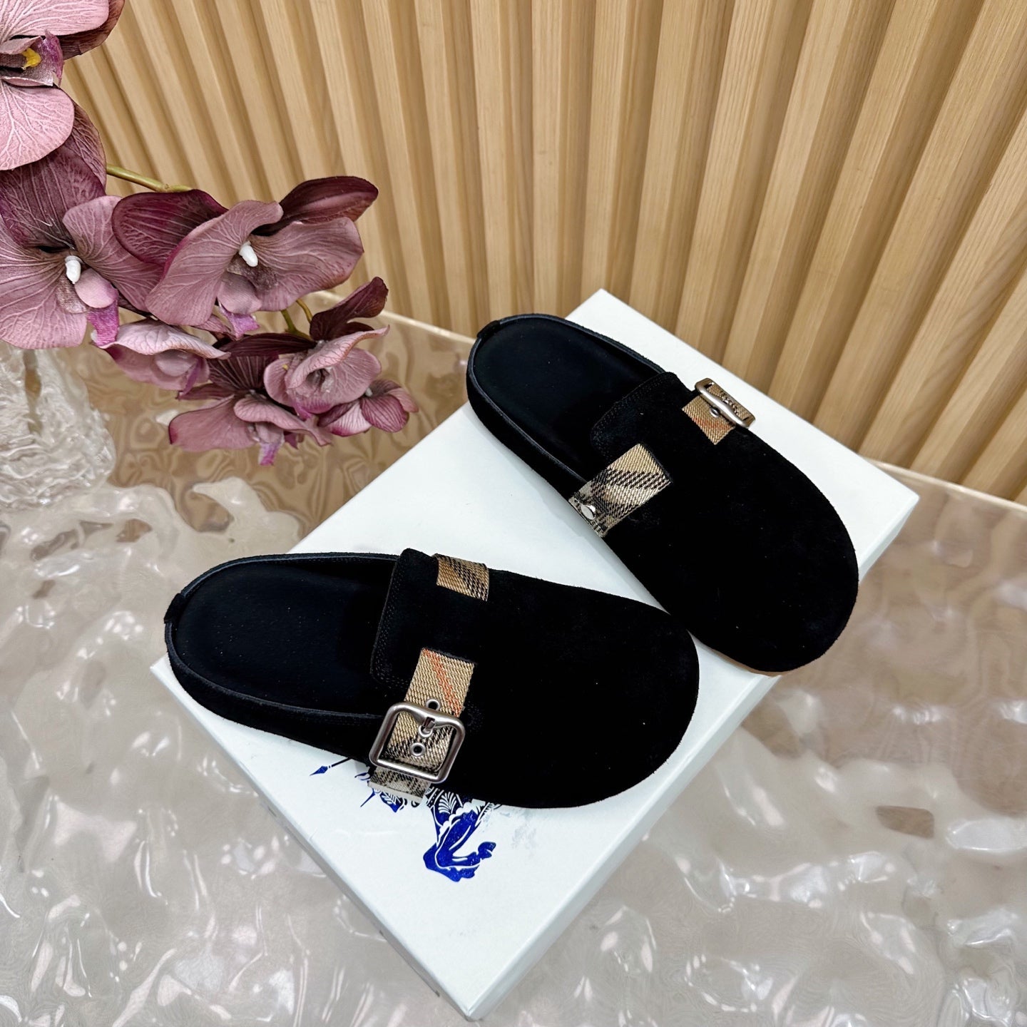 BURBERRY 26S BUCKLE MULES IN BLACK SUEDE